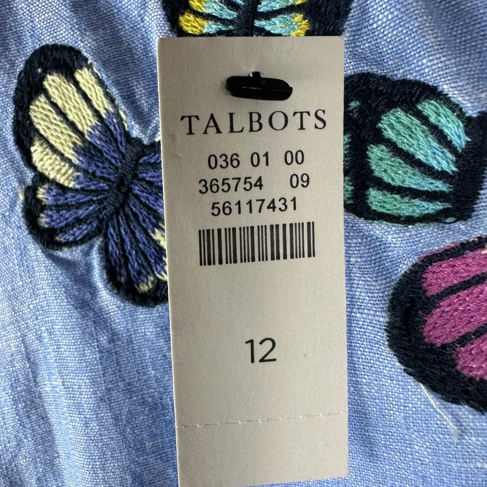 Talbots Women's 12 Shift Dress Blue Linen Blend Butterfly Embroidered V-Neck NWT - Picture 5 of 8
